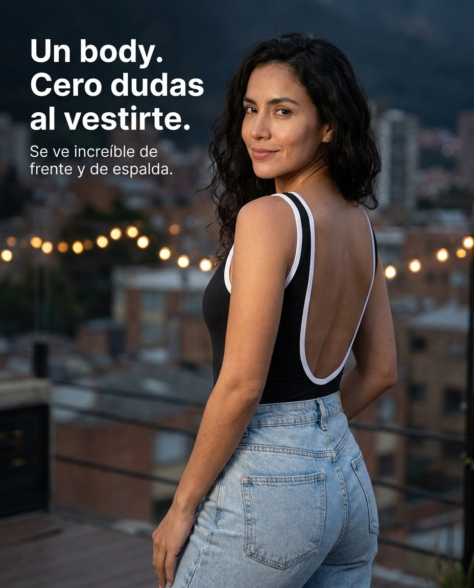 Body negro con ribete blanco, vista de espalda